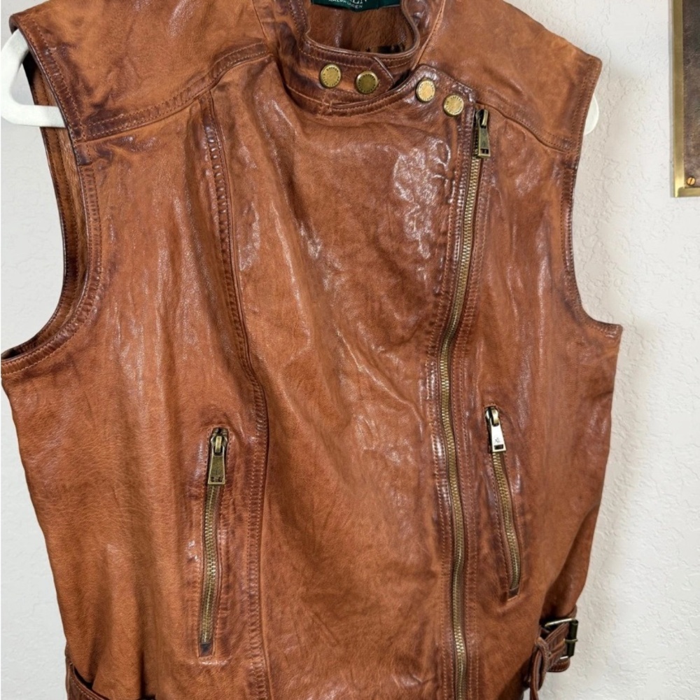 Ralph Lauren Brown Leather Moto Vest NWT